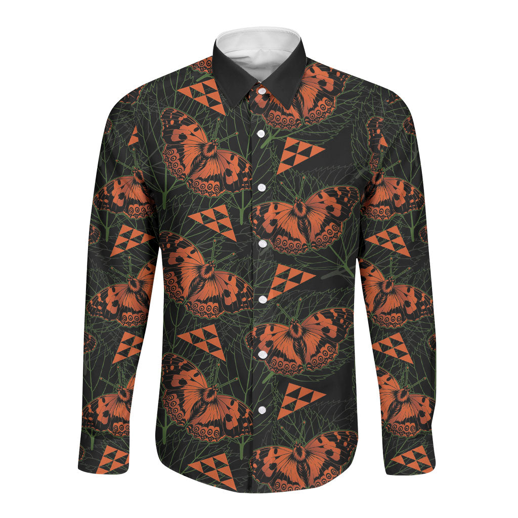 Kamehameha Butterfly Mamaki Hawaii Long Sleeve Button Shirt Pulelehua Hawaiian Kakau Seamless Style