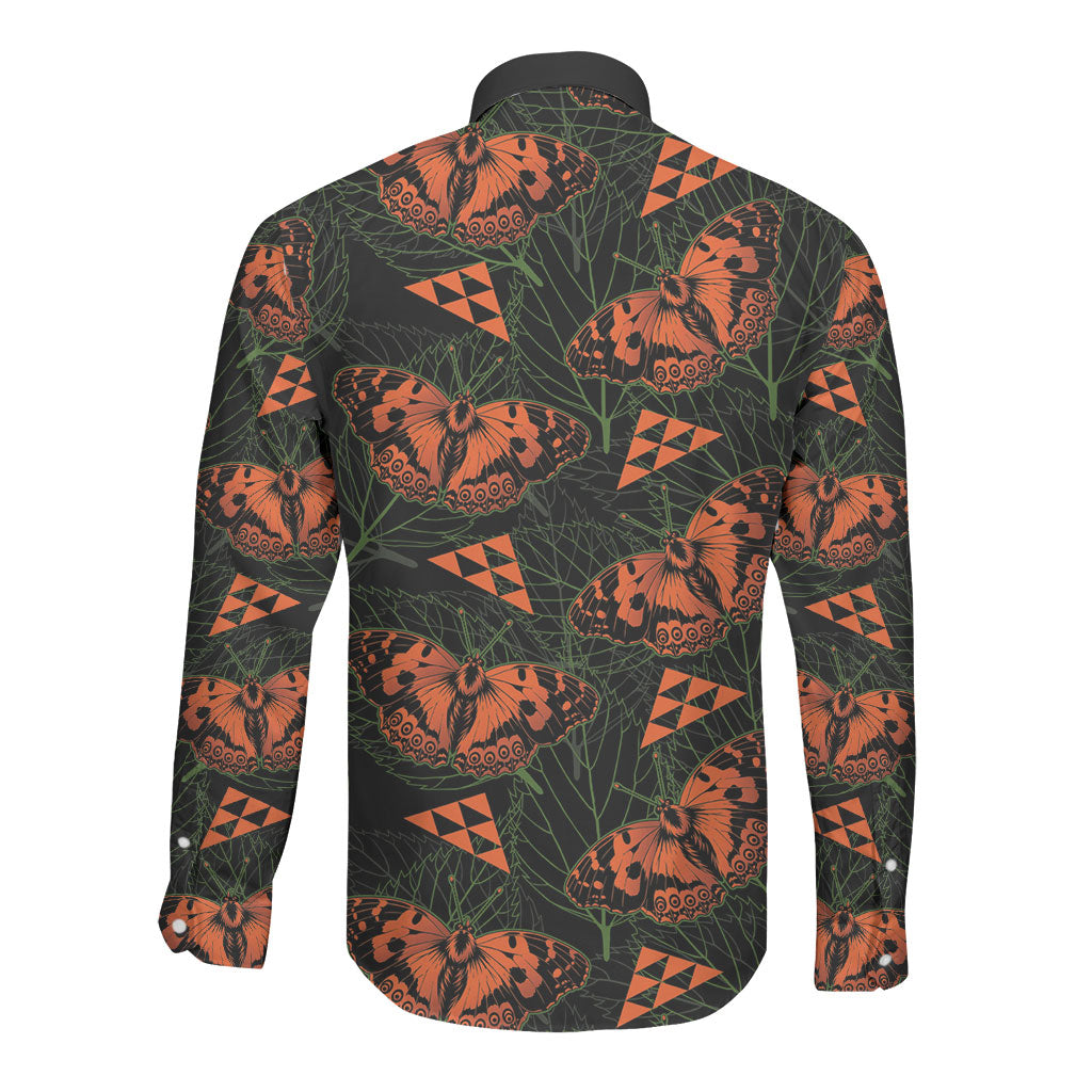 Kamehameha Butterfly Mamaki Hawaii Long Sleeve Button Shirt Pulelehua Hawaiian Kakau Seamless Style