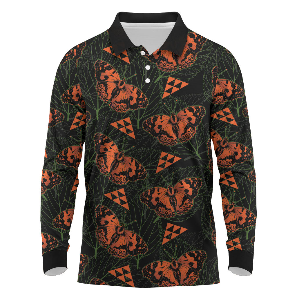 Kamehameha Butterfly Mamaki Hawaii Long Sleeve Polo Shirt Pulelehua Hawaiian Kakau Seamless Style LT14 Black - Polynesian Pride