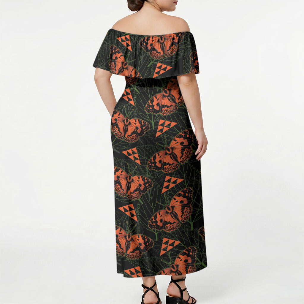 Kamehameha Butterfly Mamaki Hawaii Off Shoulder Maxi Dress Pulelehua Hawaiian Kakau Seamless Style