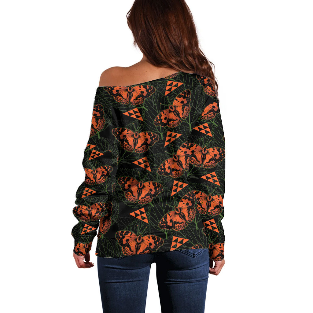 Kamehameha Butterfly Mamaki Hawaii Off Shoulder Sweater Pulelehua Hawaiian Kakau Seamless Style