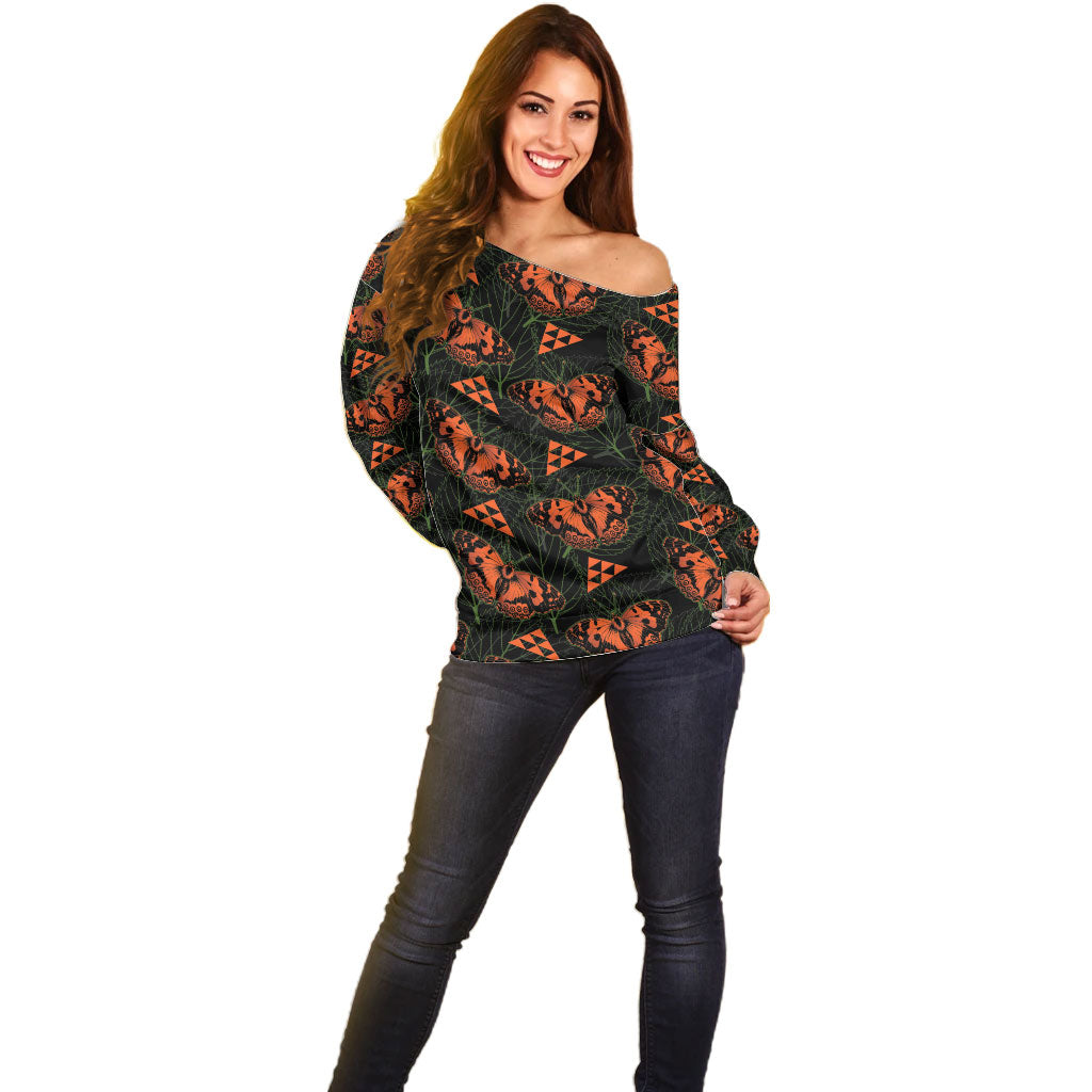Kamehameha Butterfly Mamaki Hawaii Off Shoulder Sweater Pulelehua Hawaiian Kakau Seamless Style