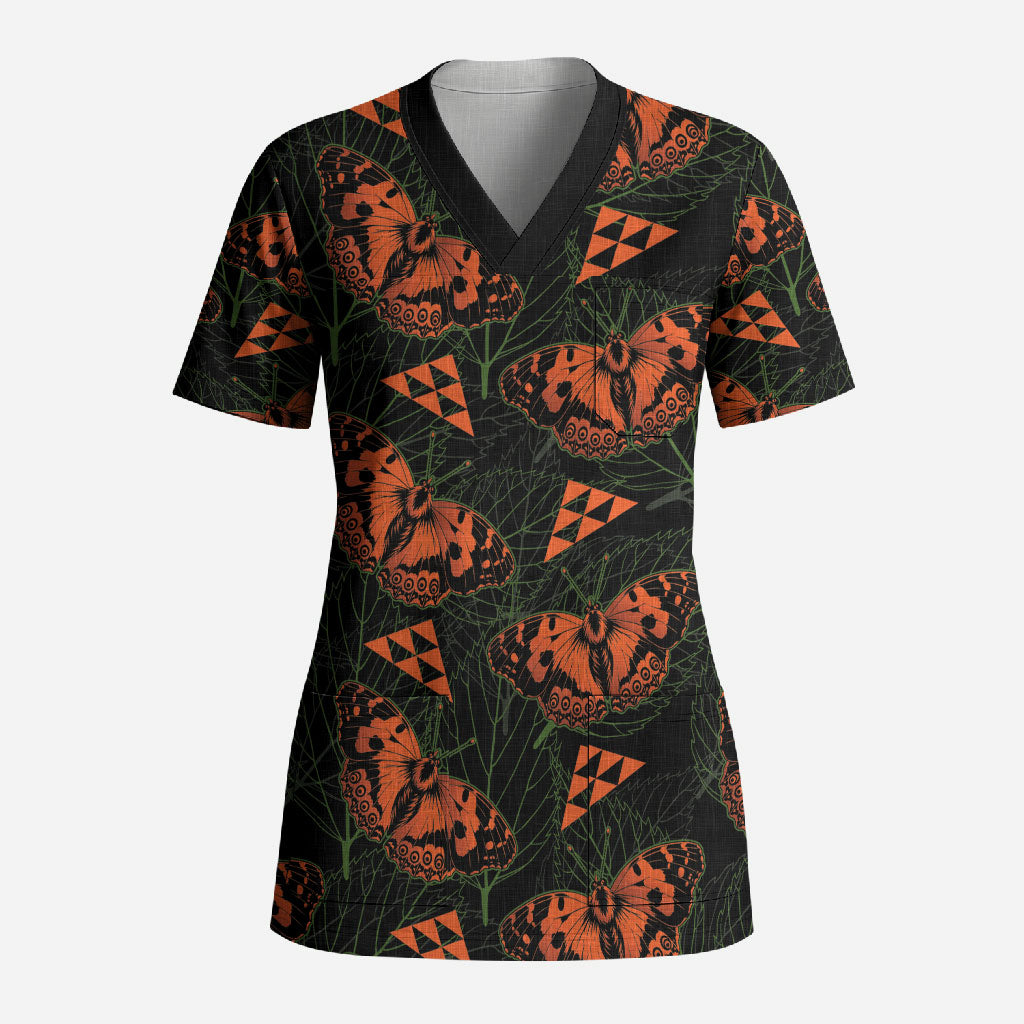 Kamehameha Butterfly Mamaki Hawaii Scrub Top Pulelehua Hawaiian Kakau Seamless Style