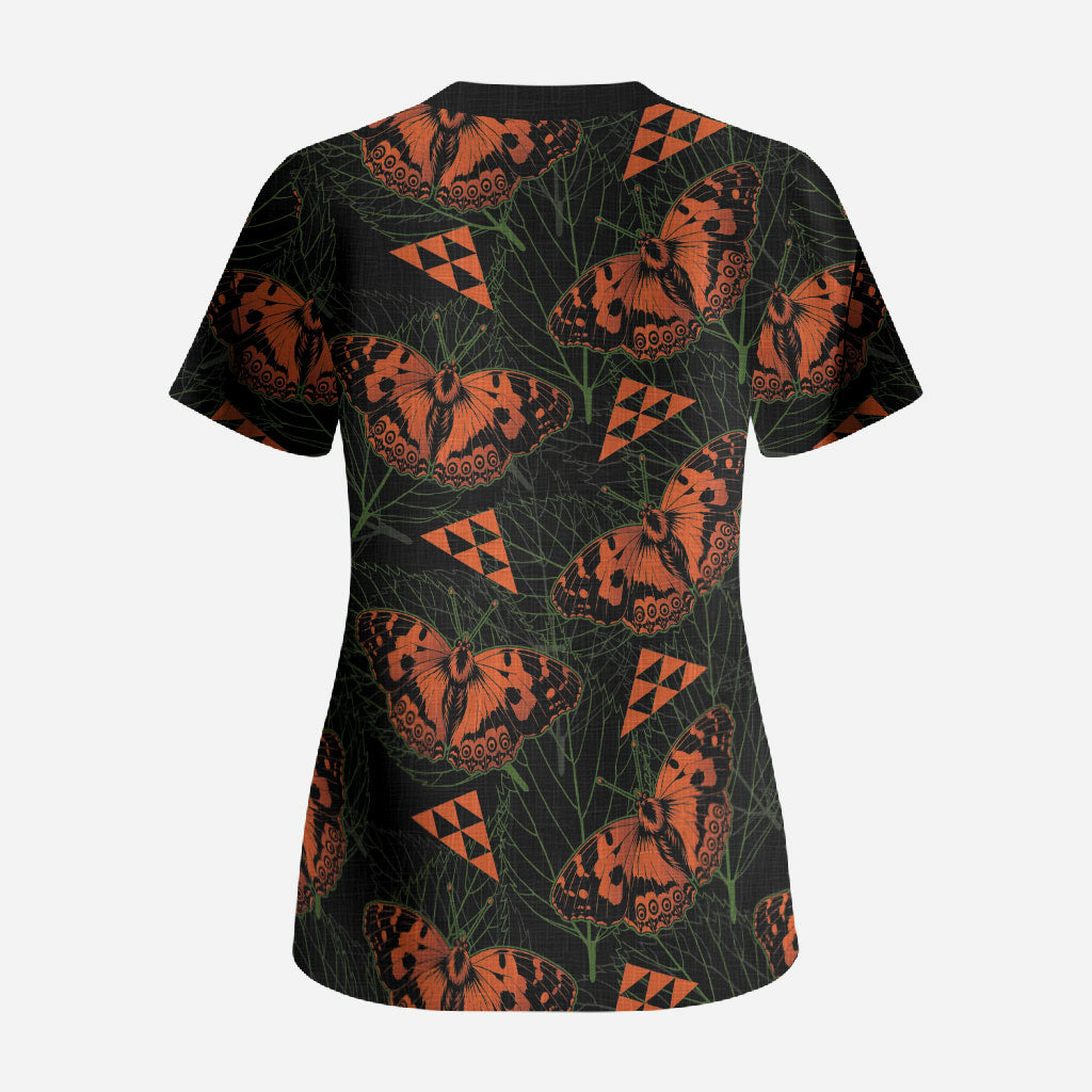 Kamehameha Butterfly Mamaki Hawaii Scrub Top Pulelehua Hawaiian Kakau Seamless Style