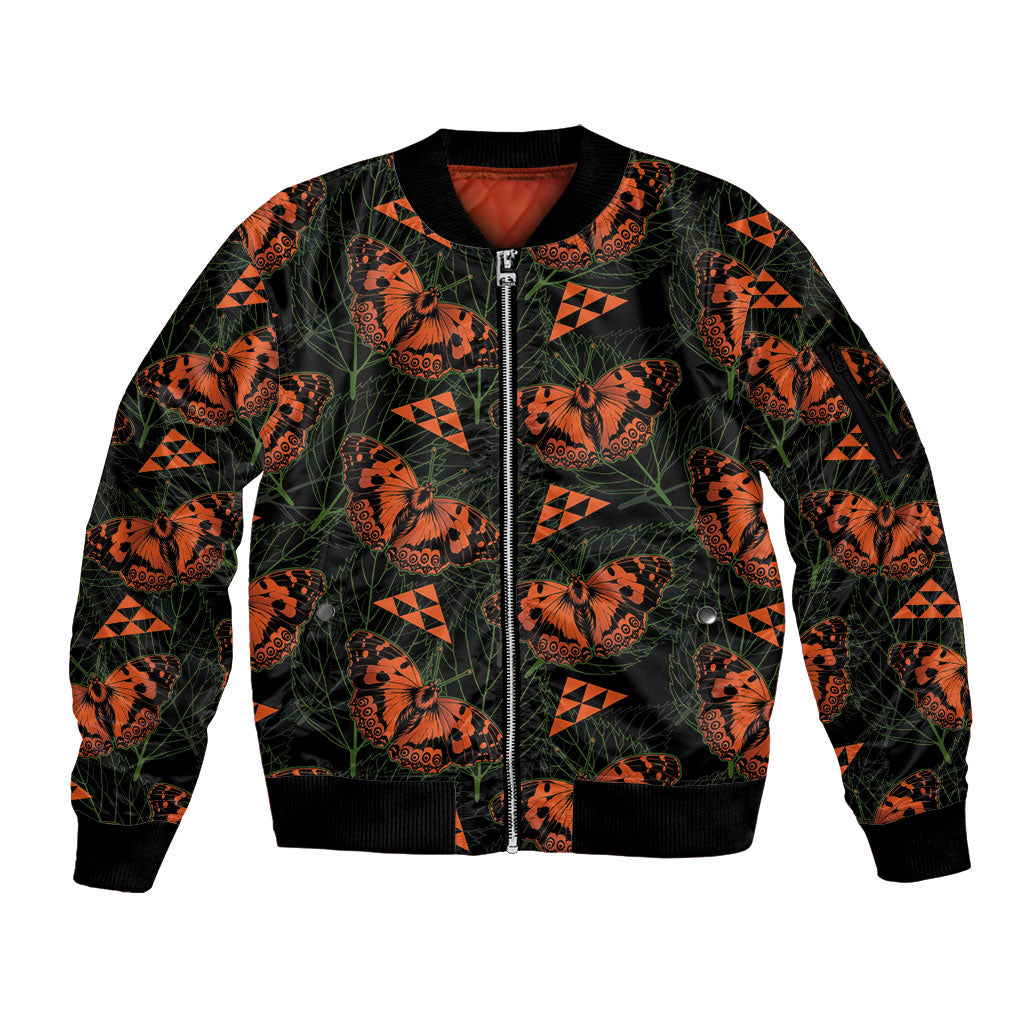 Kamehameha Butterfly Mamaki Hawaii Sleeve Zip Bomber Jacket Pulelehua Hawaiian Kakau Seamless Style