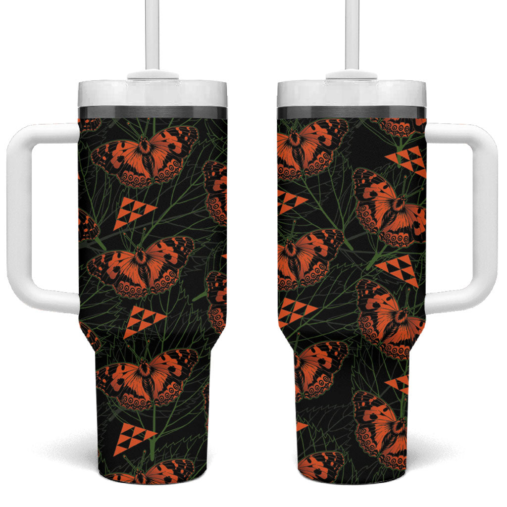 Kamehameha Butterfly Mamaki Hawaii Tumbler With Handle Pulelehua Hawaiian Kakau Seamless Style LT14 One Size: 40 oz Black - Polynesian Pride
