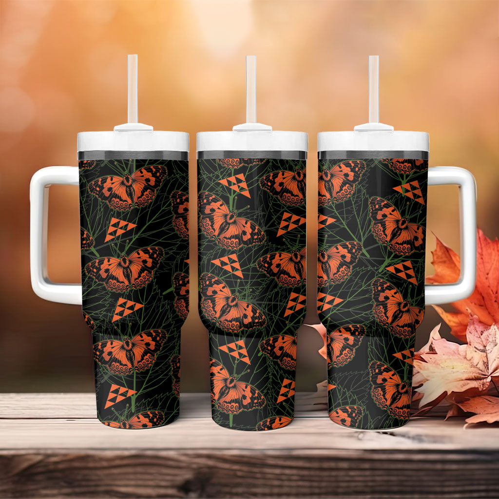 Kamehameha Butterfly Mamaki Hawaii Tumbler With Handle Pulelehua Hawaiian Kakau Seamless Style