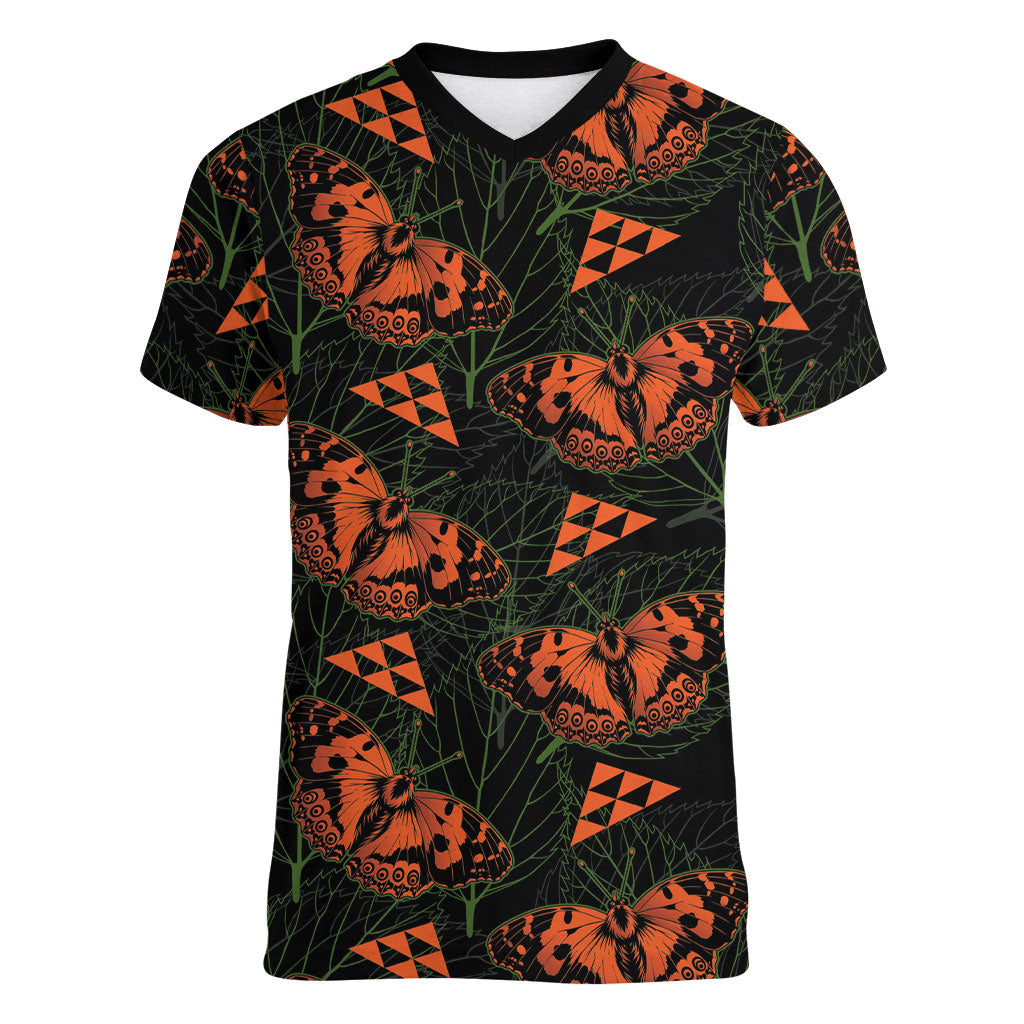 Kamehameha Butterfly Mamaki Hawaii Women V-Neck T-Shirt Pulelehua Hawaiian Kakau Seamless Style