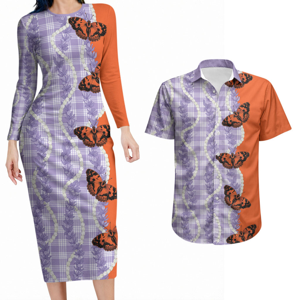 Kamehameha Butterfly Palaka Hawaii Couples Matching Long Sleeve Bodycon Dress and Hawaiian Shirt Pulelehua Honohono Pikake Lei