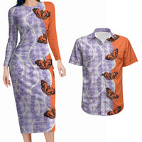 Kamehameha Butterfly Palaka Hawaii Couples Matching Long Sleeve Bodycon Dress and Hawaiian Shirt Pulelehua Honohono Pikake Lei