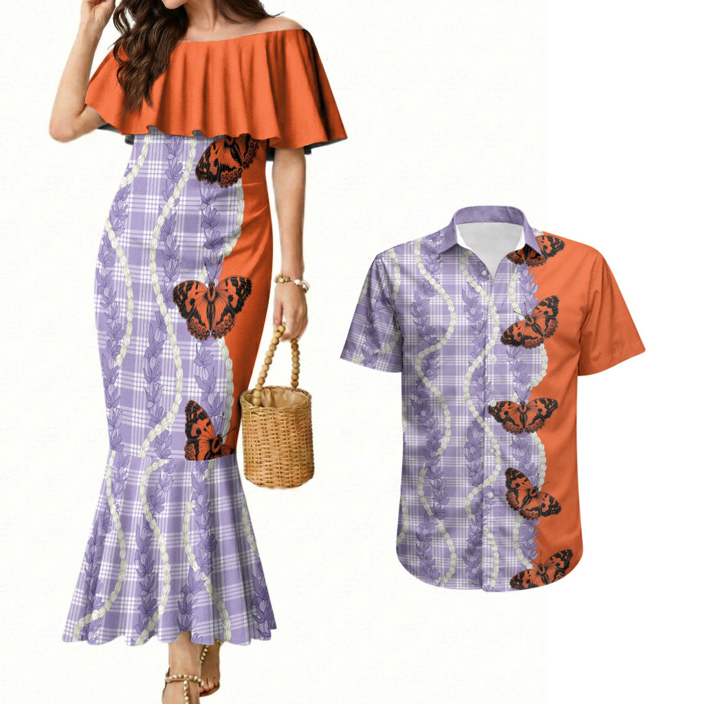 Kamehameha Butterfly Palaka Hawaii Couples Matching Mermaid Dress and Hawaiian Shirt Pulelehua Honohono Pikake Lei
