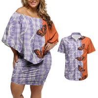 Kamehameha Butterfly Palaka Hawaii Couples Matching Off Shoulder Short Dress and Hawaiian Shirt Pulelehua Honohono Pikake Lei