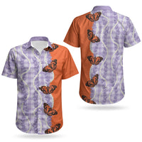 Kamehameha Butterfly Palaka Hawaii Couples Matching Off Shoulder Short Dress and Hawaiian Shirt Pulelehua Honohono Pikake Lei
