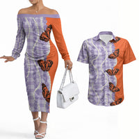 Kamehameha Butterfly Palaka Hawaii Couples Matching Off The Shoulder Long Sleeve Dress and Hawaiian Shirt Pulelehua Honohono Pikake Lei