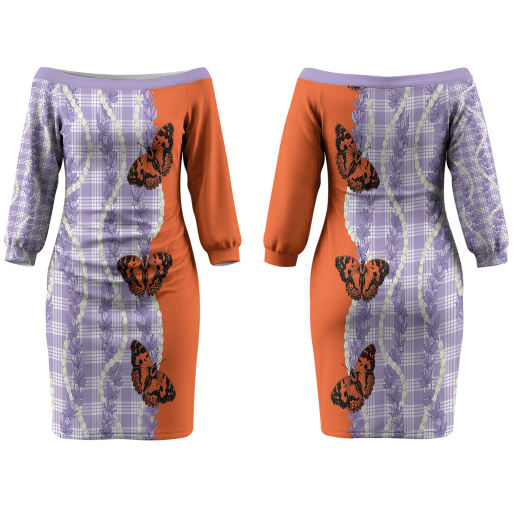 Kamehameha Butterfly Palaka Hawaii Couples Matching Off The Shoulder Long Sleeve Dress and Hawaiian Shirt Pulelehua Honohono Pikake Lei
