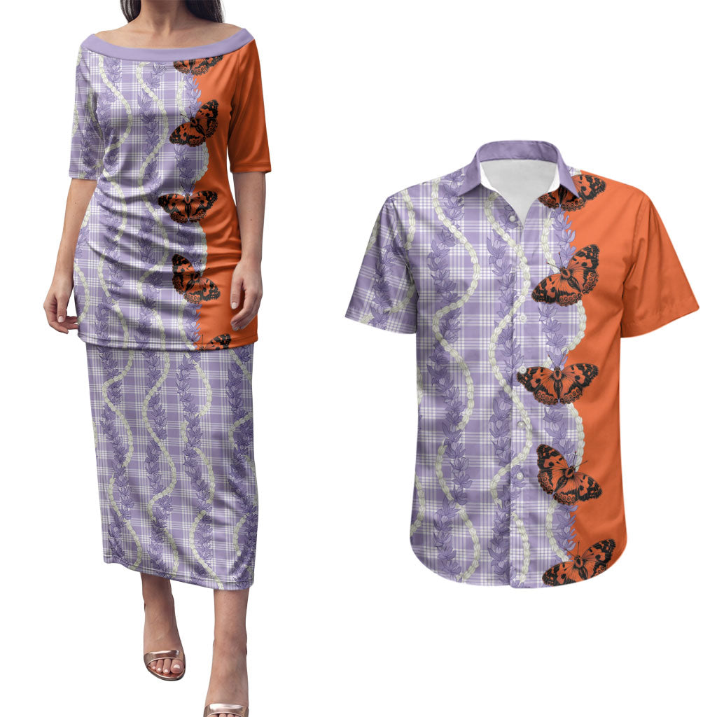 Kamehameha Butterfly Palaka Hawaii Couples Matching Puletasi and Hawaiian Shirt Pulelehua Honohono Pikake Lei