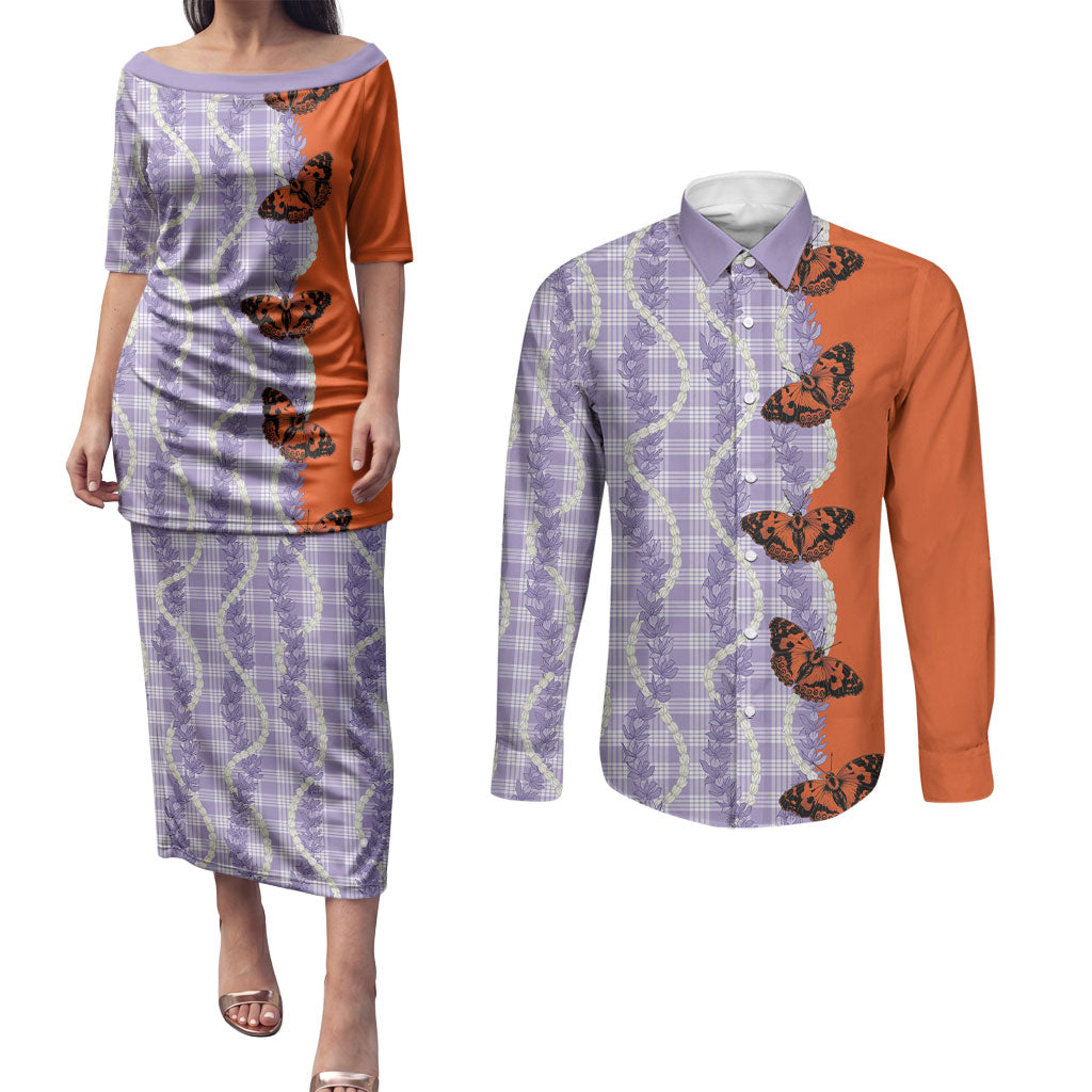 Kamehameha Butterfly Palaka Hawaii Couples Matching Puletasi and Long Sleeve Button Shirt Pulelehua Honohono Pikake Lei