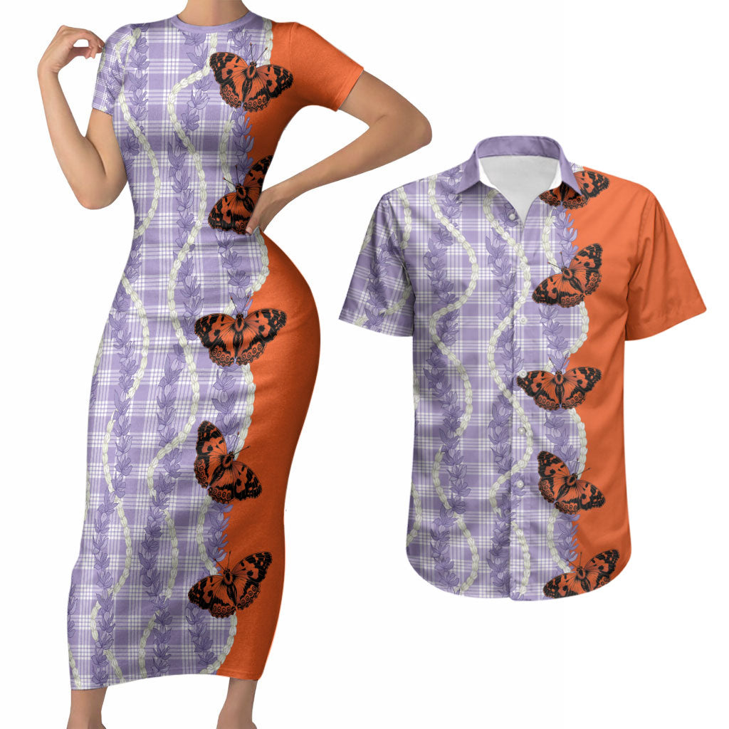 Kamehameha Butterfly Palaka Hawaii Couples Matching Short Sleeve Bodycon Dress and Hawaiian Shirt Pulelehua Honohono Pikake Lei