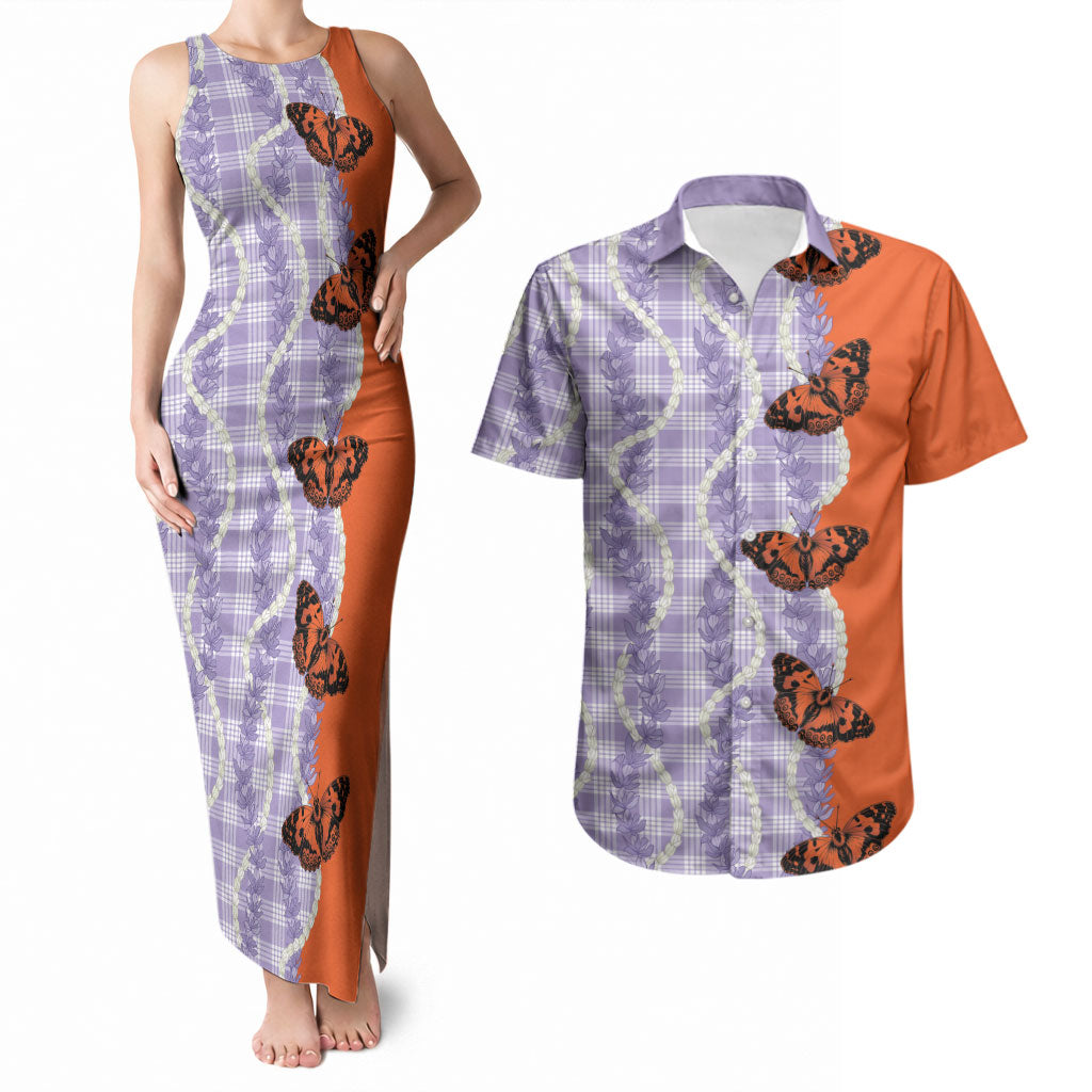 Kamehameha Butterfly Palaka Hawaii Couples Matching Tank Maxi Dress and Hawaiian Shirt Pulelehua Honohono Pikake Lei