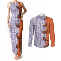 Kamehameha Butterfly Palaka Hawaii Couples Matching Tank Maxi Dress and Long Sleeve Button Shirt Pulelehua Honohono Pikake Lei