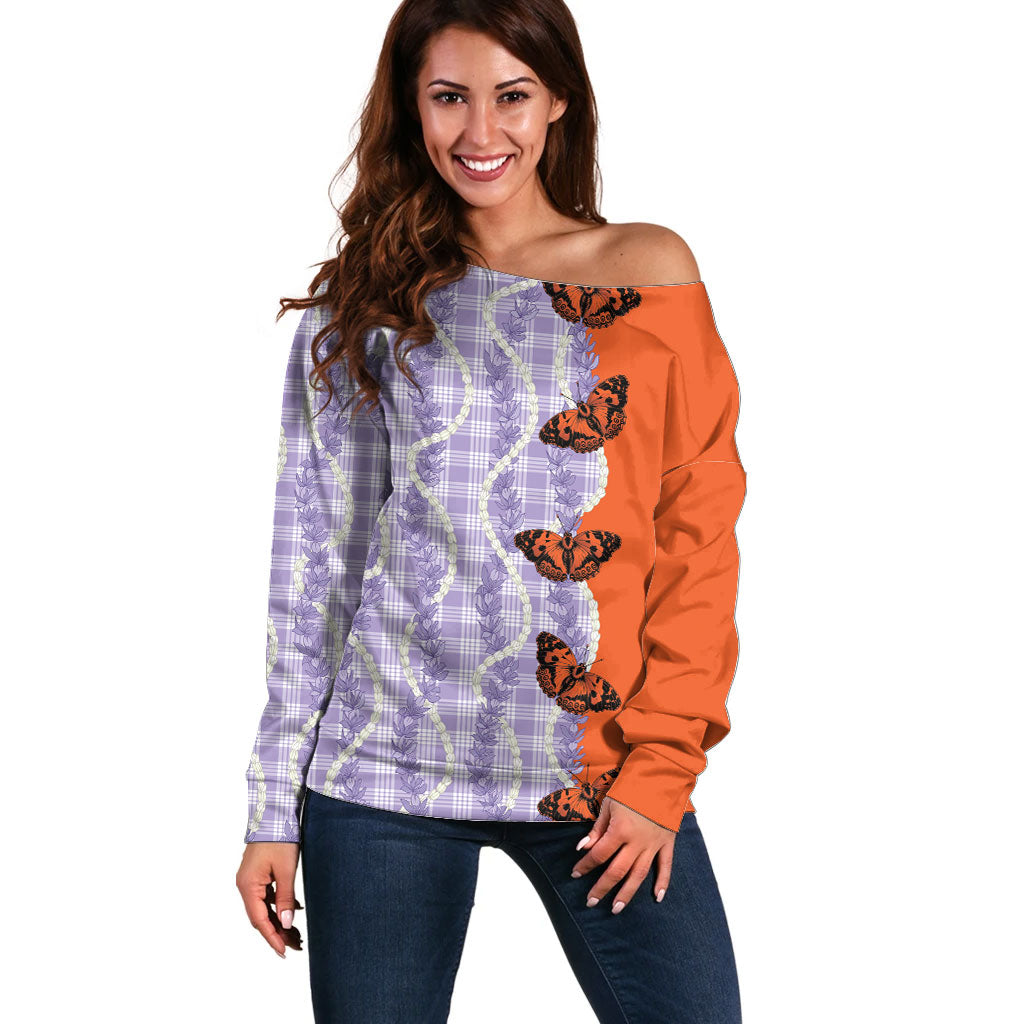 Kamehameha Butterfly Palaka Hawaii Off Shoulder Sweater Pulelehua Honohono Pikake Lei