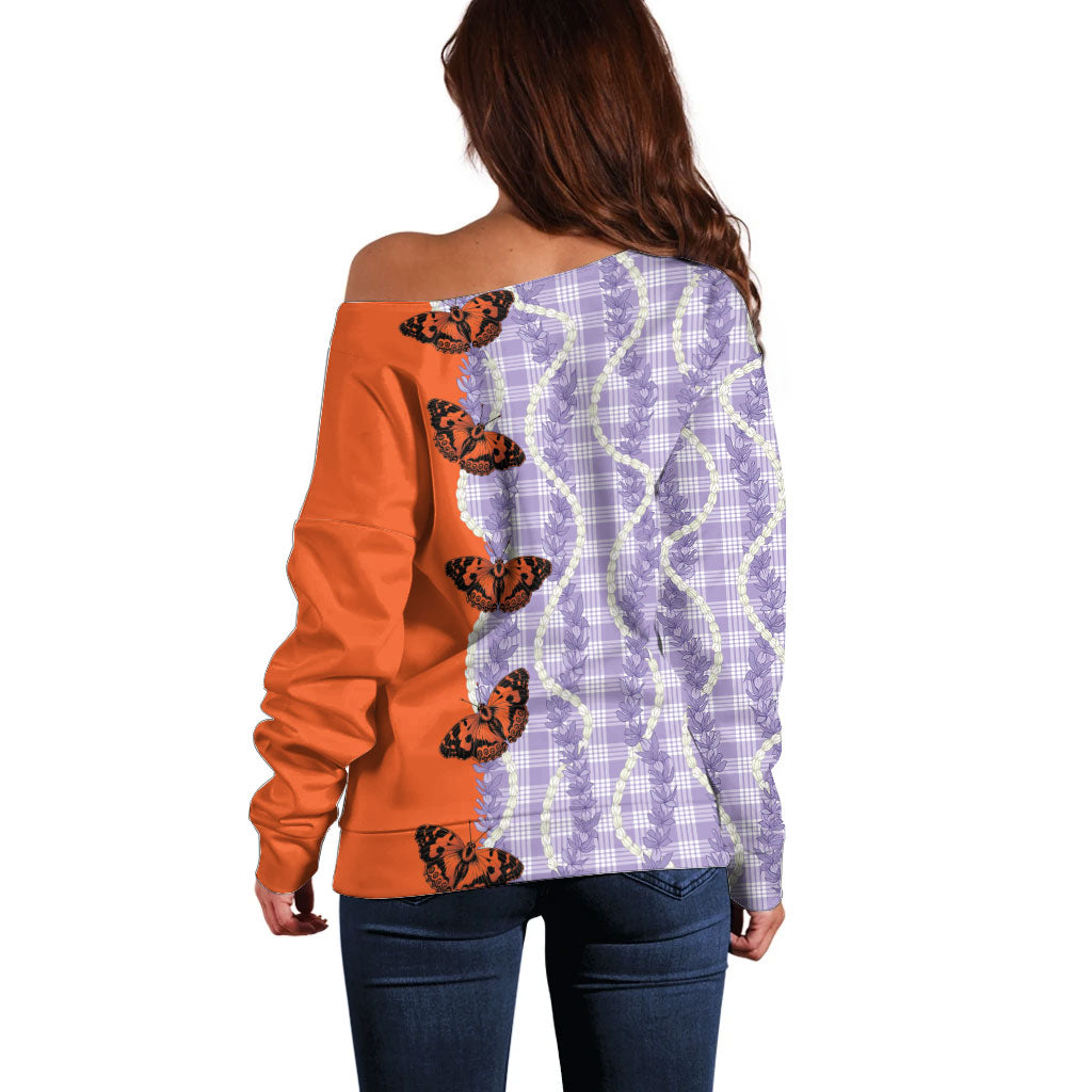 Kamehameha Butterfly Palaka Hawaii Off Shoulder Sweater Pulelehua Honohono Pikake Lei