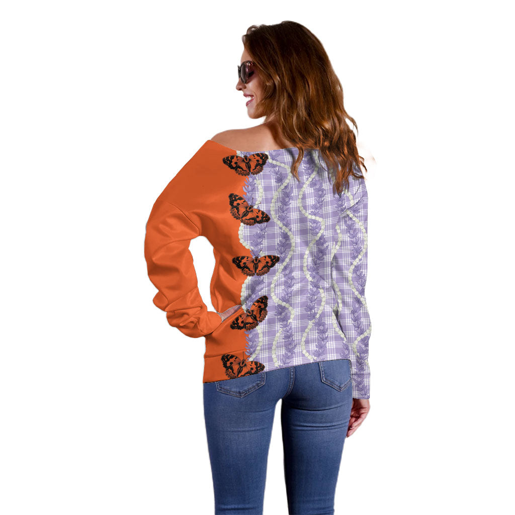 Kamehameha Butterfly Palaka Hawaii Off Shoulder Sweater Pulelehua Honohono Pikake Lei