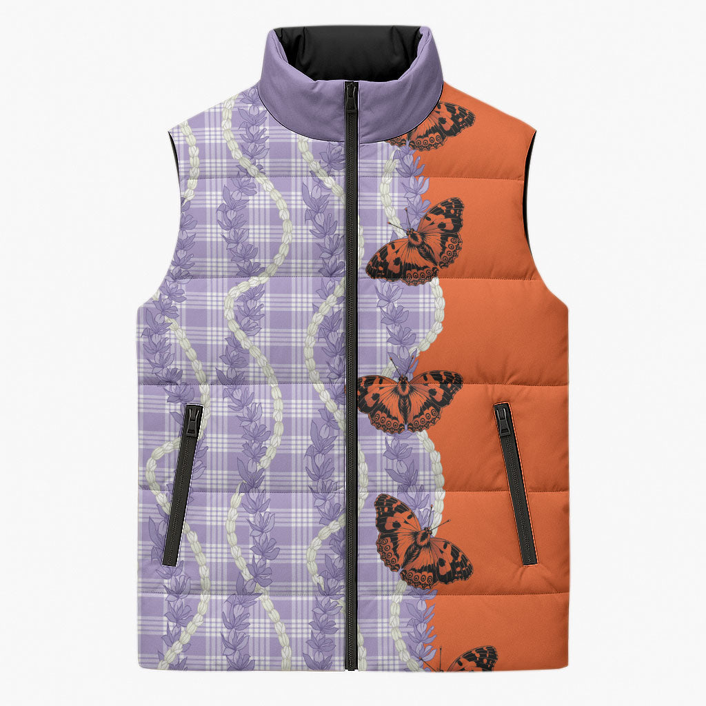 Kamehameha Butterfly Palaka Hawaii Sleeveless Puffer Jacket Pulelehua Honohono Pikake Lei