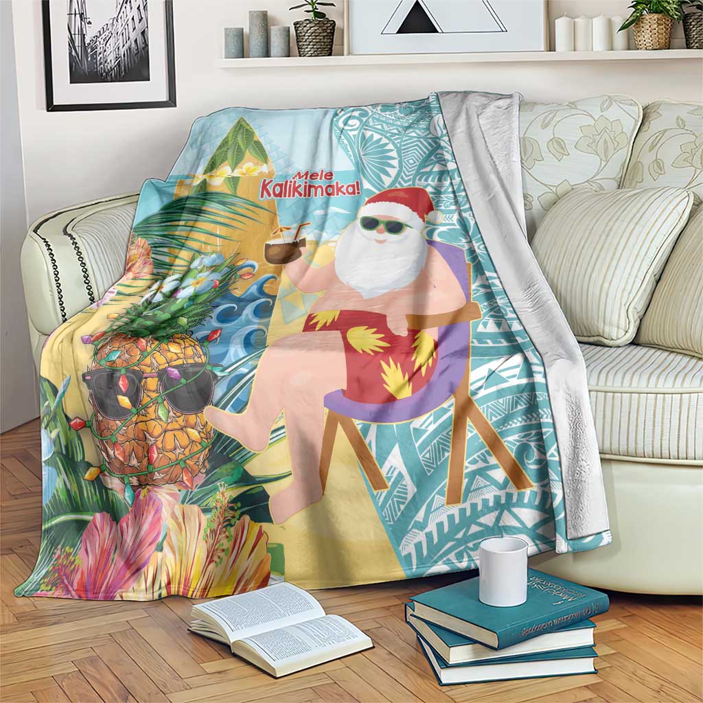 Aloha Hawaii Mele Kalikimaka Blanket Chilling Santa With Pineapple - Polynesian Pattern