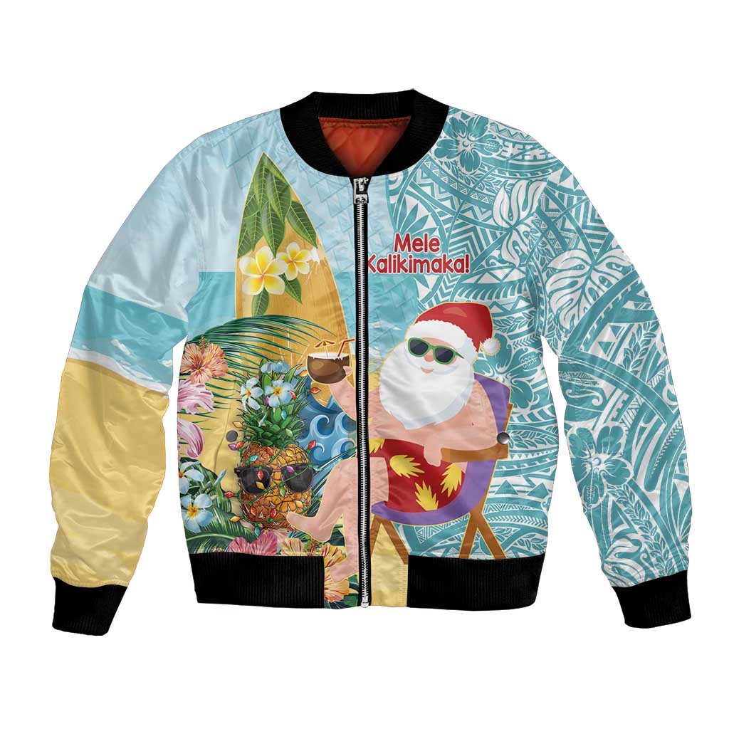 Aloha Hawaii Mele Kalikimaka Bomber Jacket Chilling Santa With Pineapple - Polynesian Pattern