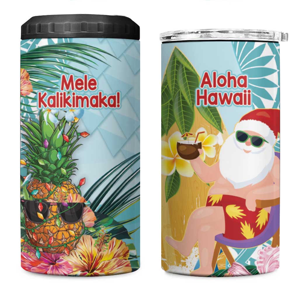 Aloha Hawaii Mele Kalikimaka 4 in 1 Can Cooler Tumbler Chilling Santa With Pineapple - Polynesian Pattern