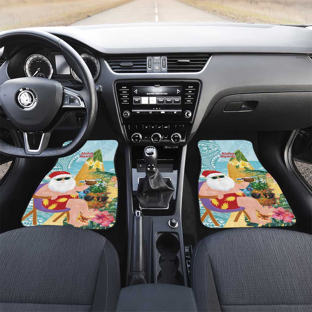 Aloha Hawaii Mele Kalikimaka Car Mats Chilling Santa With Pineapple - Polynesian Pattern