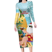 Aloha Hawaii Mele Kalikimaka Family Matching Long Sleeve Bodycon Dress and Hawaiian Shirt Chilling Santa With Pineapple - Polynesian Pattern LT14 Mom's Dress Cyan - Polynesian Pride