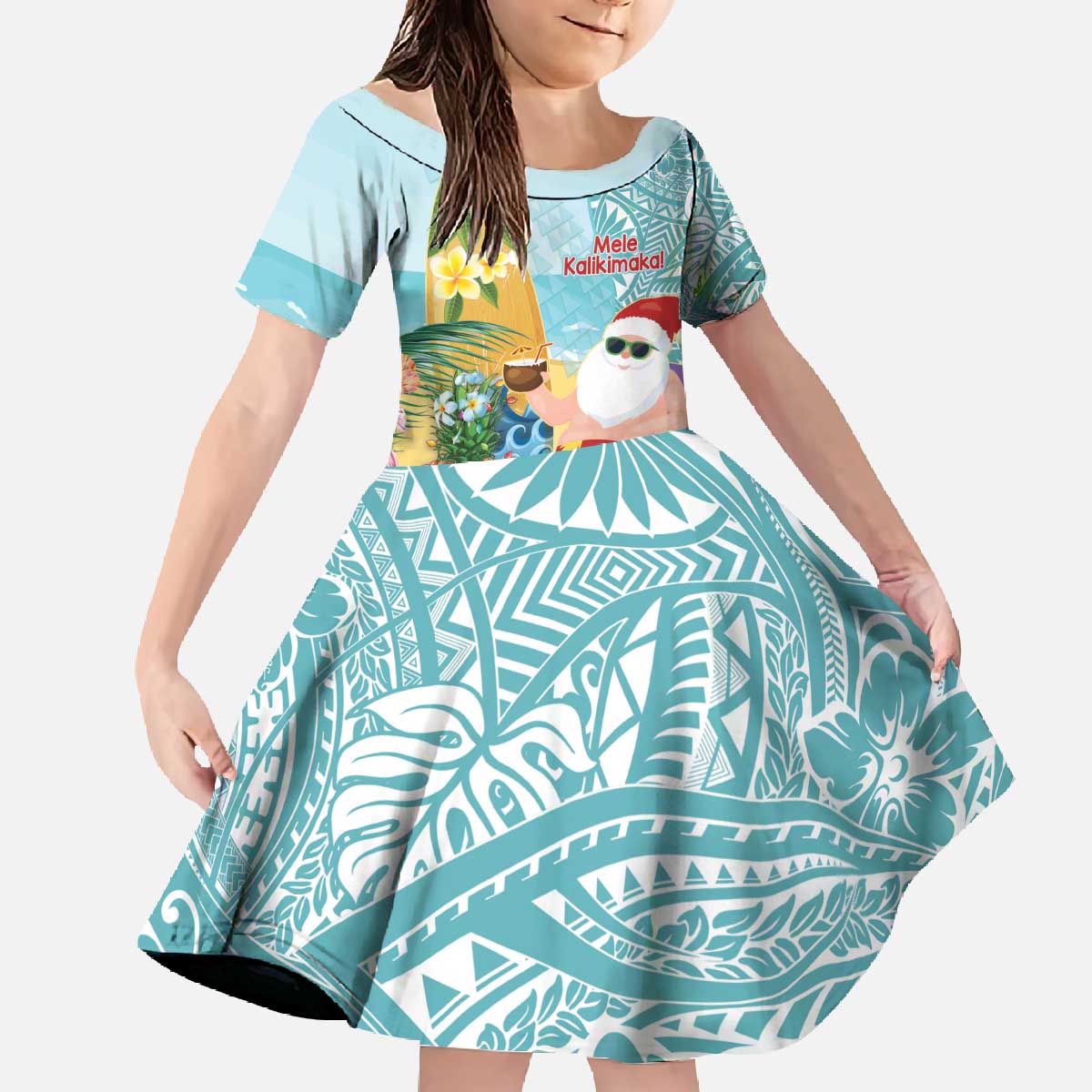 Aloha Hawaii Mele Kalikimaka Family Matching Off The Shoulder Long Sleeve Dress and Hawaiian Shirt Chilling Santa With Pineapple - Polynesian Pattern LT14 Daughter's Dress Cyan - Polynesian Pride