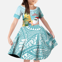 Aloha Hawaii Mele Kalikimaka Family Matching Off The Shoulder Long Sleeve Dress and Hawaiian Shirt Chilling Santa With Pineapple - Polynesian Pattern LT14 Daughter's Dress Cyan - Polynesian Pride