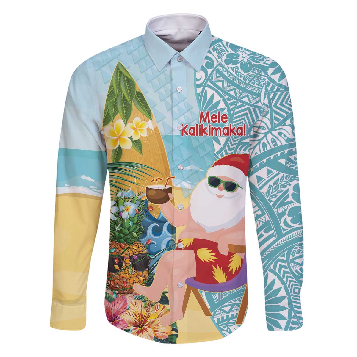Aloha Hawaii Mele Kalikimaka Family Matching Off The Shoulder Long Sleeve Dress and Hawaiian Shirt Chilling Santa With Pineapple - Polynesian Pattern LT14 Dad's Shirt - Long Sleeve Cyan - Polynesian Pride