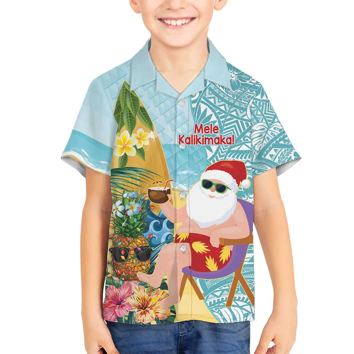 Aloha Hawaii Mele Kalikimaka Family Matching Off The Shoulder Long Sleeve Dress and Hawaiian Shirt Chilling Santa With Pineapple - Polynesian Pattern LT14 Son's Shirt Cyan - Polynesian Pride