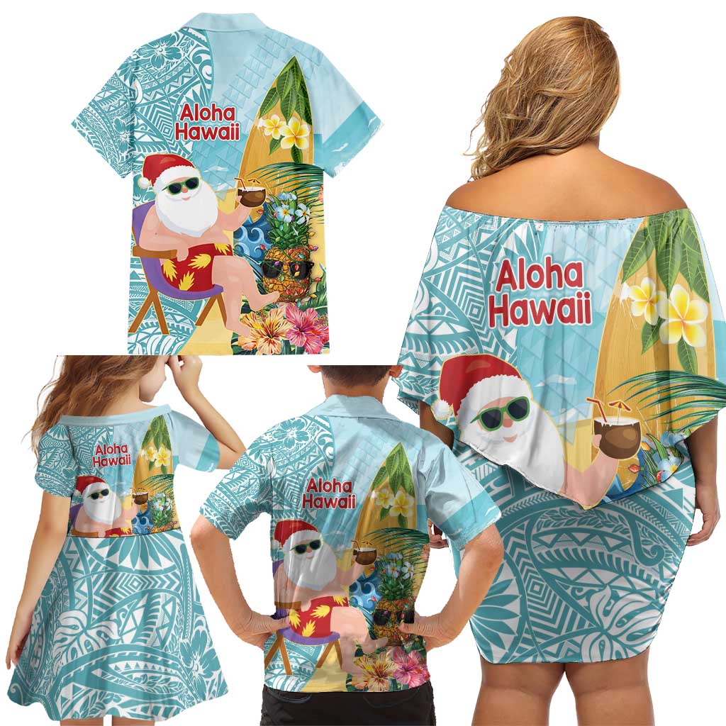 Aloha Hawaii Mele Kalikimaka Family Matching Off Shoulder Short Dress and Hawaiian Shirt Chilling Santa With Pineapple - Polynesian Pattern