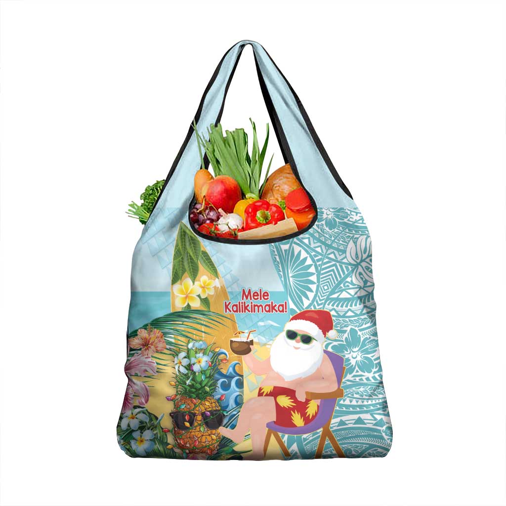 Aloha Hawaii Mele Kalikimaka Grocery Bag Chilling Santa With Pineapple - Polynesian Pattern