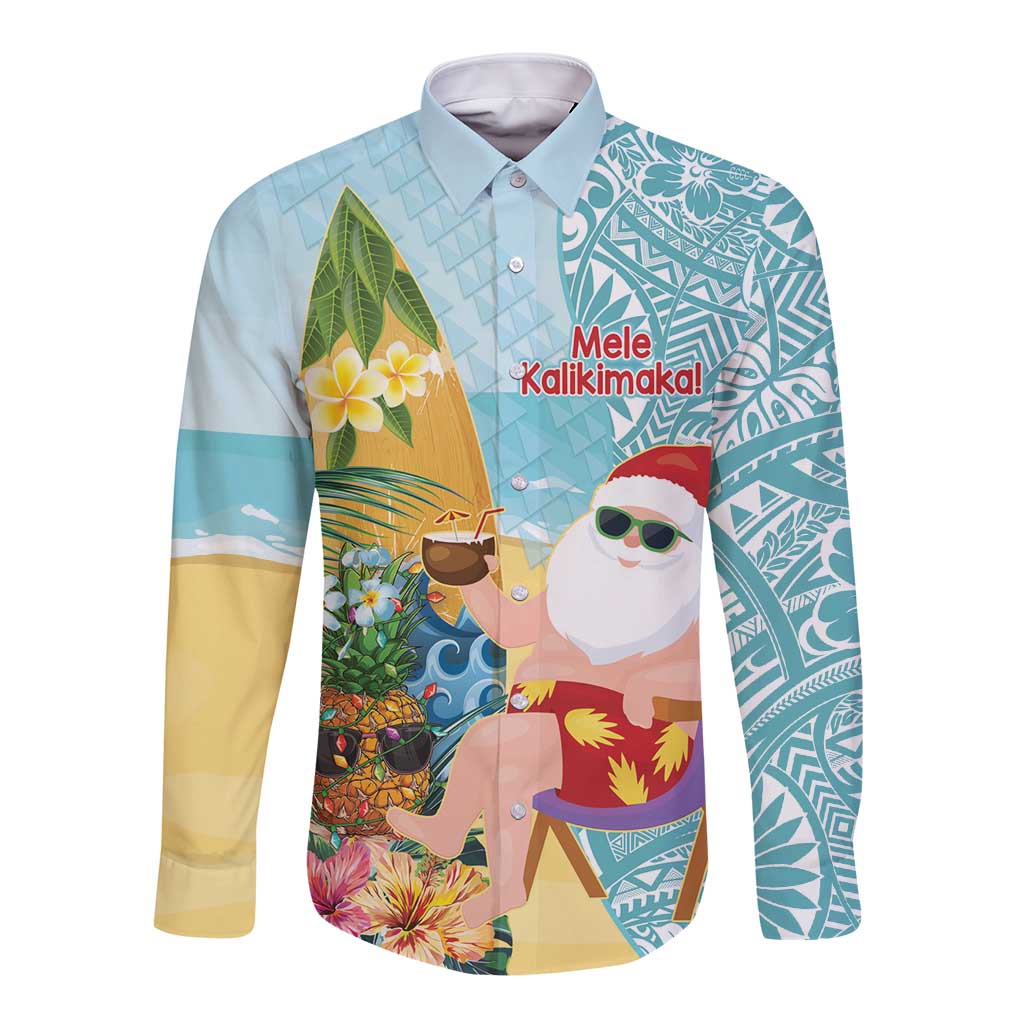 Aloha Hawaii Mele Kalikimaka Long Sleeve Button Shirt Chilling Santa With Pineapple - Polynesian Pattern