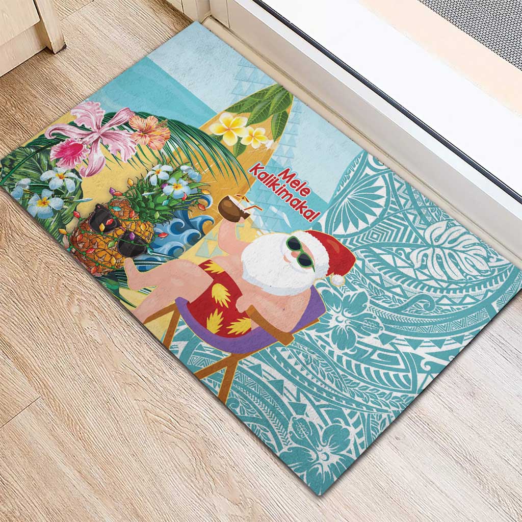 Aloha Hawaii Mele Kalikimaka Rubber Doormat Chilling Santa With Pineapple - Polynesian Pattern