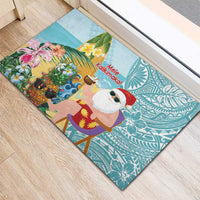 Aloha Hawaii Mele Kalikimaka Rubber Doormat Chilling Santa With Pineapple - Polynesian Pattern