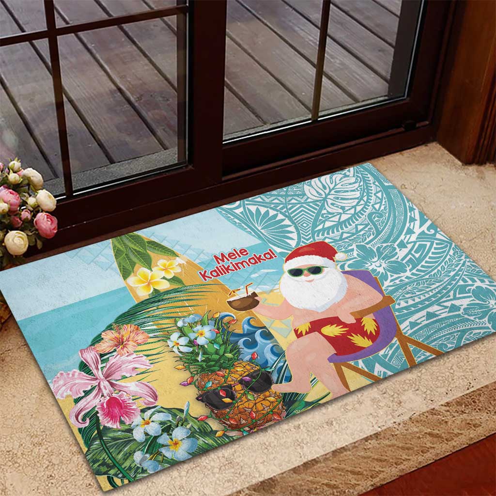 Aloha Hawaii Mele Kalikimaka Rubber Doormat Chilling Santa With Pineapple - Polynesian Pattern