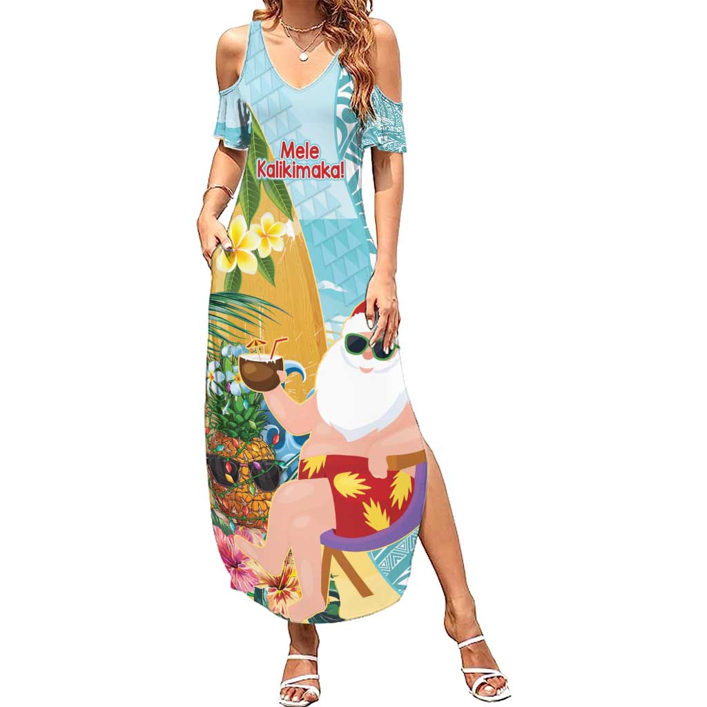 Aloha Hawaii Mele Kalikimaka Summer Maxi Dress Chilling Santa With Pineapple - Polynesian Pattern