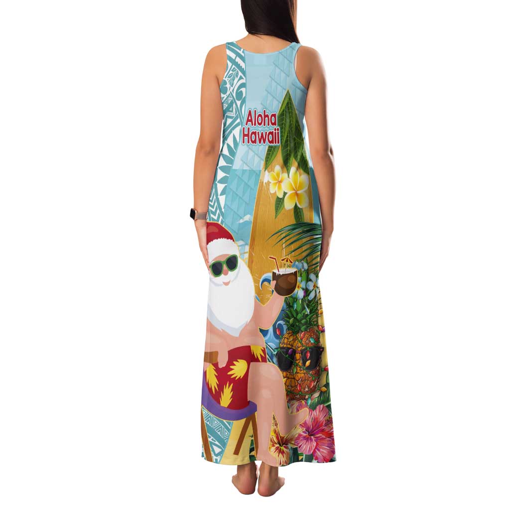 Aloha Hawaii Mele Kalikimaka Tank Maxi Dress Chilling Santa With Pineapple - Polynesian Pattern