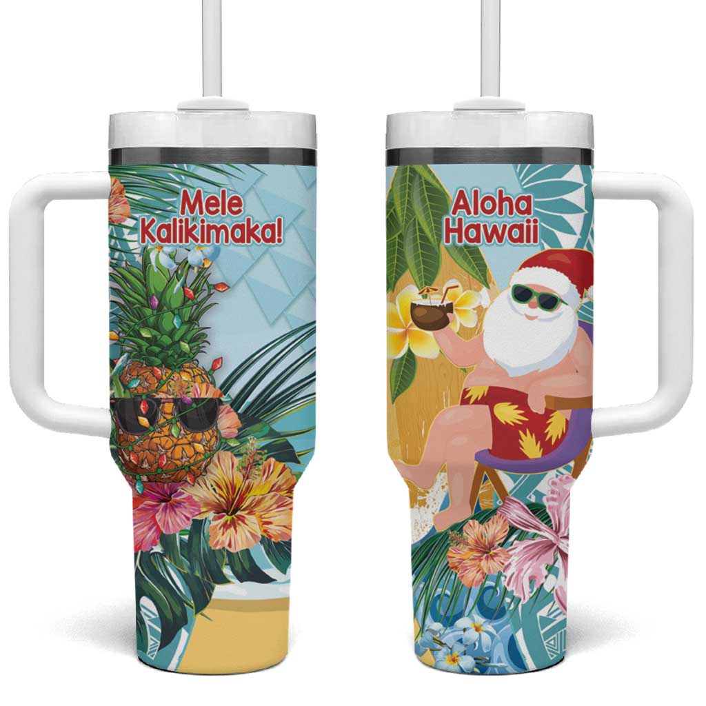 Aloha Hawaii Mele Kalikimaka Tumbler With Handle Chilling Santa With Pineapple - Polynesian Pattern