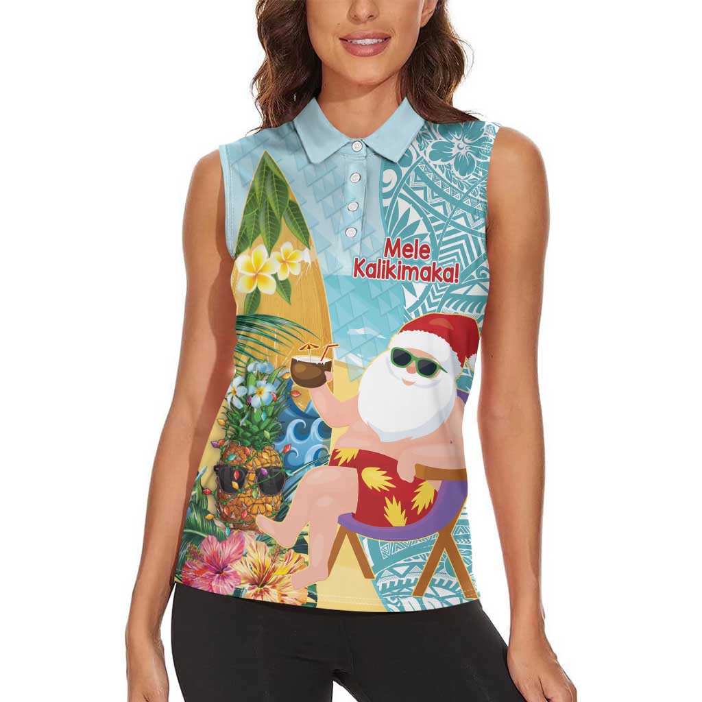 Aloha Hawaii Mele Kalikimaka Women Sleeveless Polo Shirt Chilling Santa With Pineapple - Polynesian Pattern