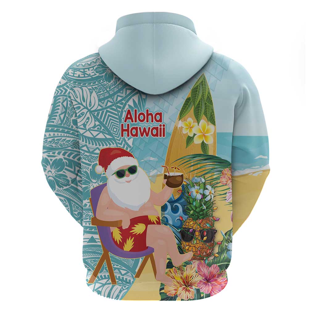 Aloha Hawaii Mele Kalikimaka Zip Hoodie Chilling Santa With Pineapple - Polynesian Pattern