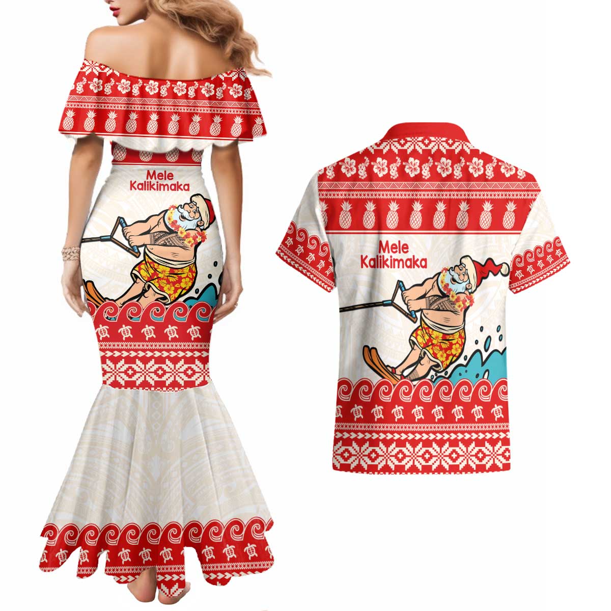 Mele Kalikimaka Hawaii Couples Matching Mermaid Dress and Hawaiian Shirt Water-skiing Santa Tropical Vibes LT14 - Polynesian Pride