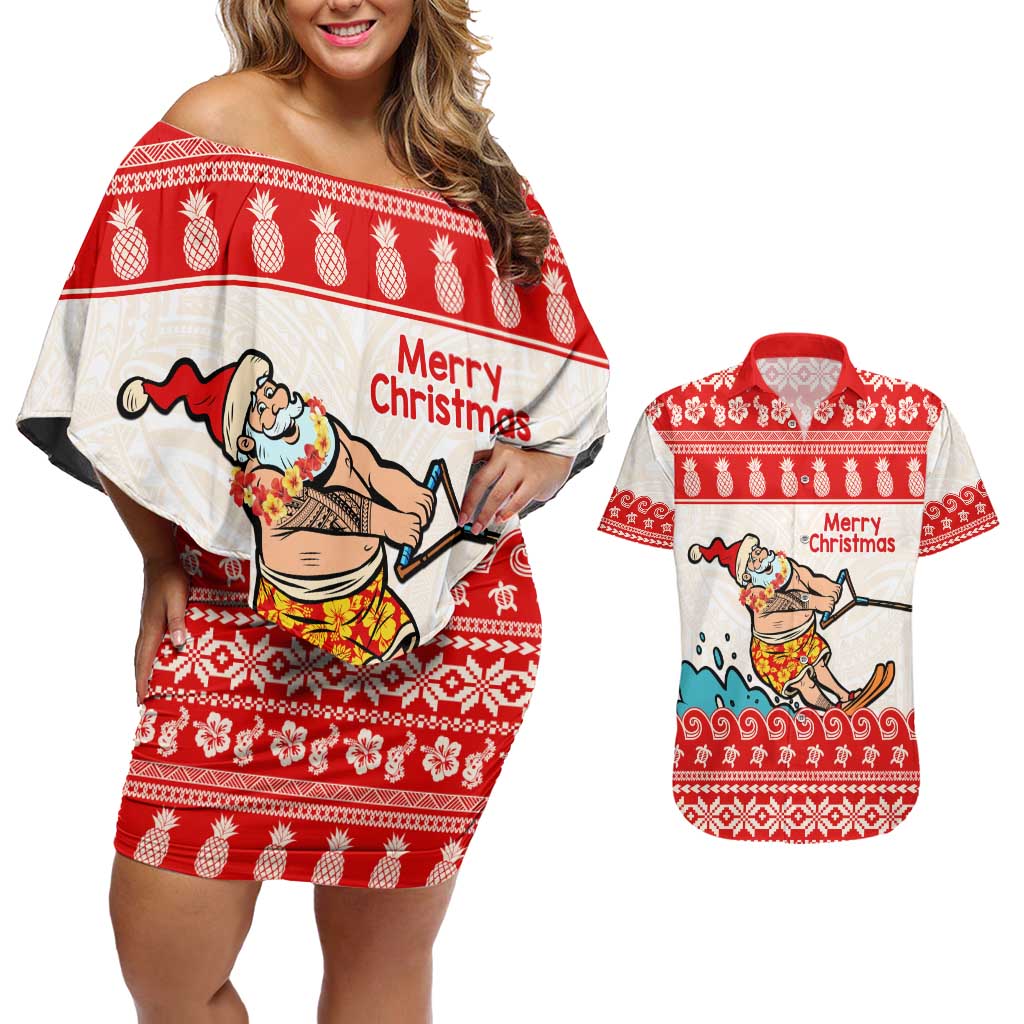 Mele Kalikimaka Hawaii Couples Matching Off Shoulder Short Dress and Hawaiian Shirt Water-skiing Santa Tropical Vibes LT14 Red - Polynesian Pride